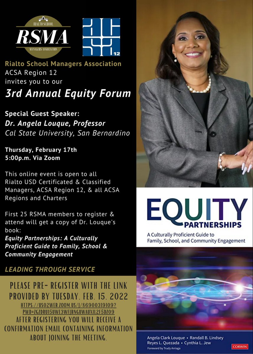 Join RSMA for our 3rd Annual Equity Forum w/Dr. Angela Louque from CSUSB on 2/17 at 5pm. The first 25 RSMA members to register &amp; attend will get Dr. Louque's book titled Equity Partnerships! Pre-register by Feb 15, 2022. <a href="/ACSA_info/">ACSA</a> <a href="/ACSARegion12/">ACSA Region 12</a>
us02web.zoom.us/j/86900319109?…