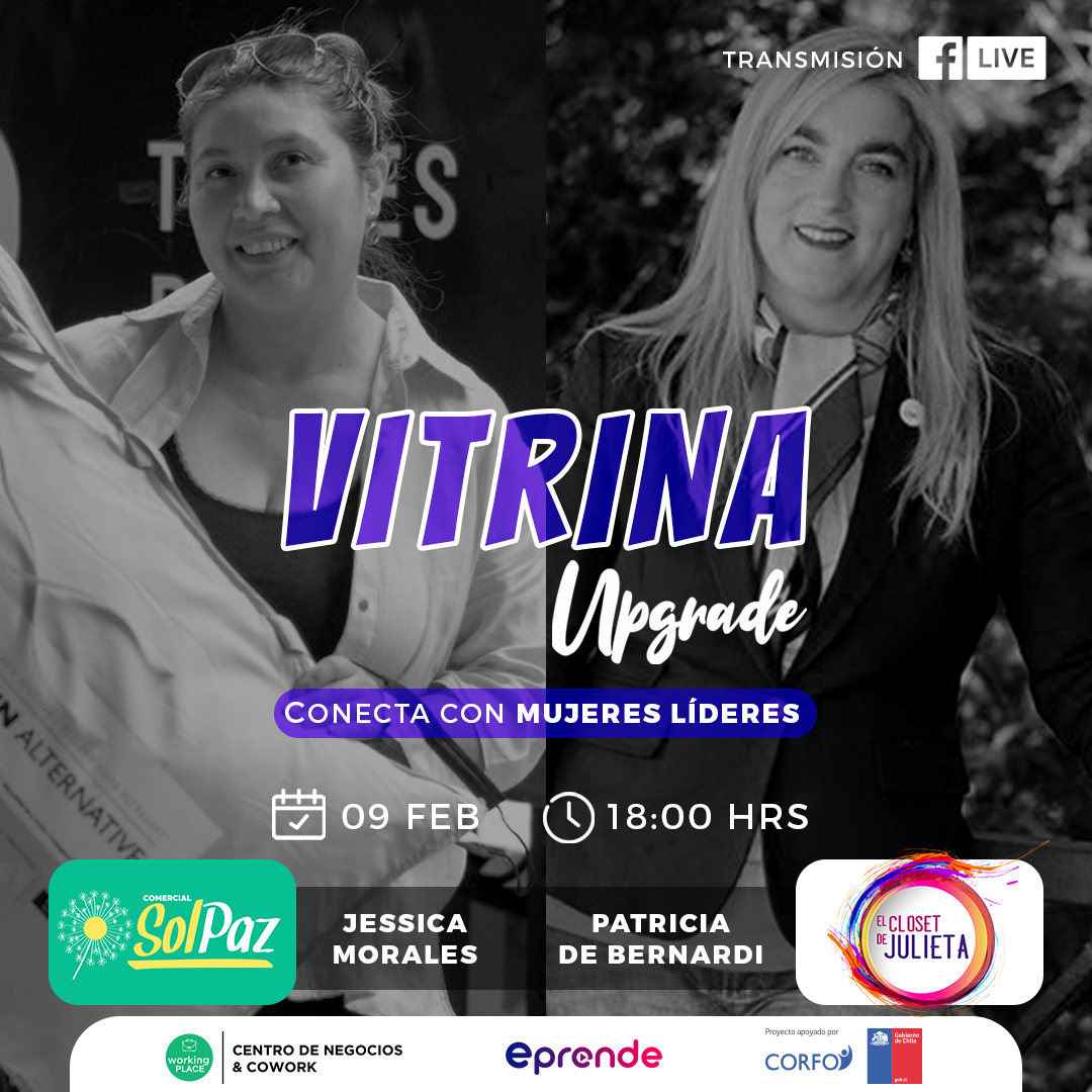 Miércoles 01 Feb | Vitrina Upgrade⭐

Te invitamos a conocer dos nuevas emprendedoras que participan del Diplomado para Mujeres Líderes

Conéctate a través de Facebook Live /workingplacecl✨

<a href="/CorfoNuble/">CorfoÑuble</a> <a href="/fomentobiobio/">Corfo Biobío</a> <a href="/SernaturNuble/">Sernatur Ñuble</a> <a href="/EconomiaNuble/">Seremi Economia Ñuble</a> <a href="/EmprendedorasN/">Red de Emprendedoras Ñuble</a> <a href="/Closet_julieta/">El Closet de Julieta</a>