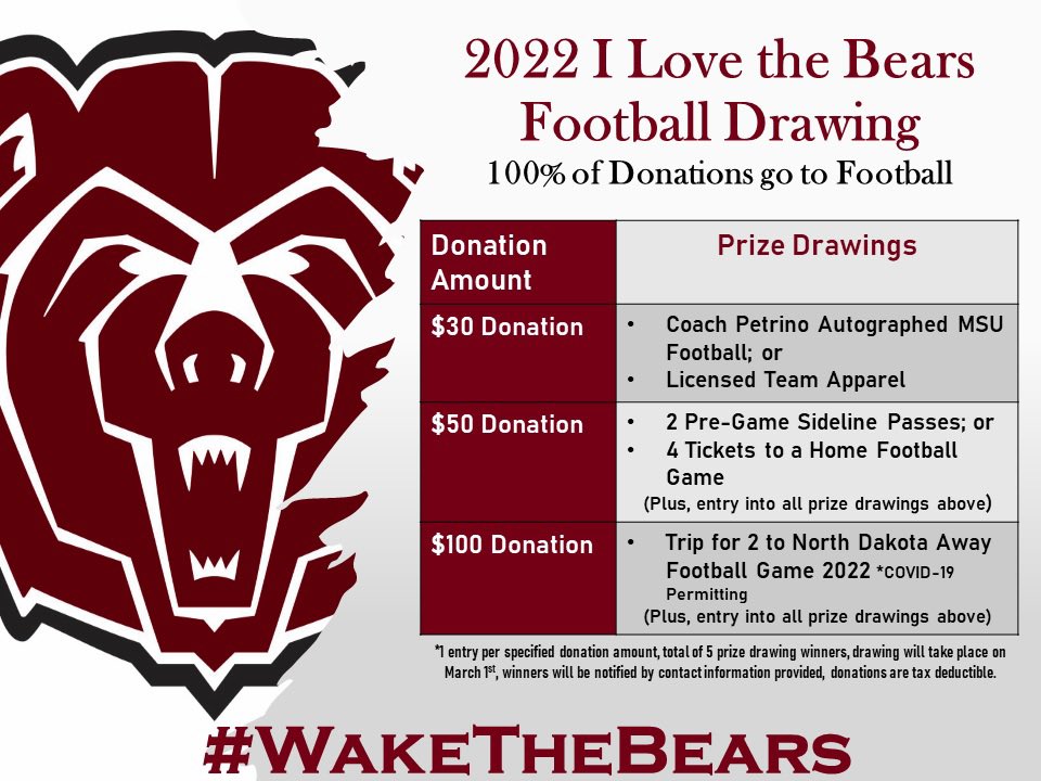 We are 35% of the way to our goal! I’m so proud of how hard our players have worked this past year. Support THEM on their way to another record breaking season! Check out some of the prizes you could win below! Let’s continue to #WakeTheBears!! 🐻 
👉 missouristate.edu/ilovethebears