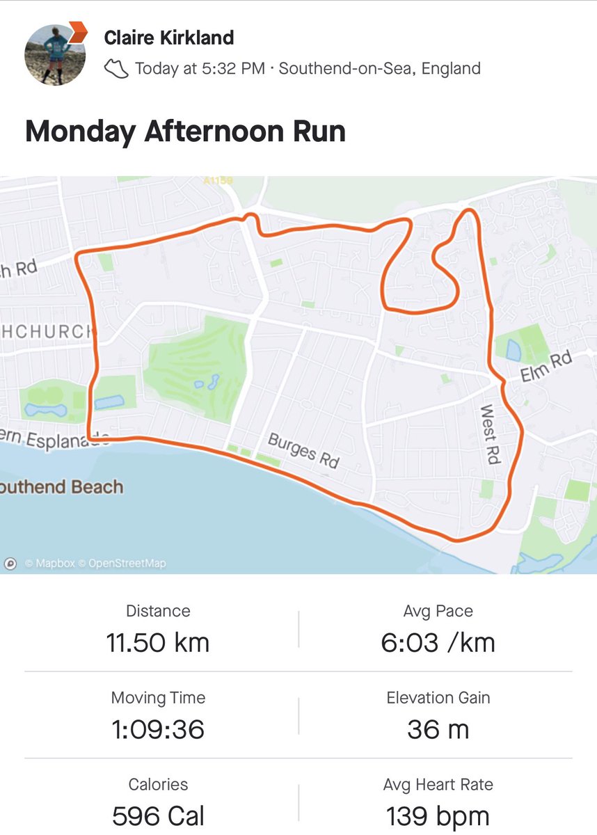 cK_Kirkland's tweet photo. A much needed leg stretch after work this afternoon! This was tough going for some reason 🤷🏼♀️ but felt so much better for getting out of the house and having some fresh air ☺️ #ukrunchat #running #Southend #postworkrun https://t.co/1DpolZVQSs