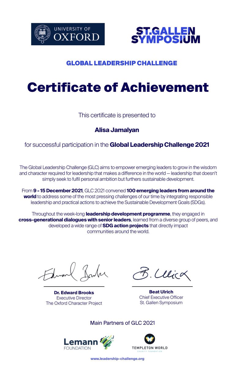 Alisa Jamalyan (@jamalyanalisa) on Twitter photo Was my honor and responsibility to be a part of the Global Leadership Challenge aimed at helping each of us to grow in the wisdom and character required for responsible leadership that makes a difference.
#GLC2021
<a href="/OxfordCharacter/">The Oxford Character Project</a>
<a href="/SG__Symposium/">St. Gallen Symposium</a>
<a href="/LemannFdn/">The Lemann Foundation</a>
<a href="/TempletonWorld/">Templeton World Charity Foundation</a> Was my honor and responsibility to be a part of the Global Leadership Challenge aimed at helping each of us to grow in the wisdom and character required for responsible leadership that makes a difference.
#GLC2021
<a href="/OxfordCharacter/">The Oxford Character Project</a>
<a href="/SG__Symposium/">St. Gallen Symposium</a>
<a href="/LemannFdn/">The Lemann Foundation</a>
<a href="/TempletonWorld/">Templeton World Charity Foundation</a>