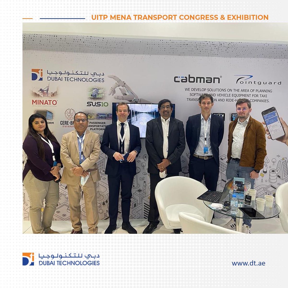 DubaiTech1994's tweet photo. Captured: Dubai Technologies’ team with their Technology partners – Hanover and Cabman, during the @UITPMENA Transport Congress &amp; Exhibition. 

#DubaiTechnologies #DT #Hanover #Cabman #ITS #AI #UITP #MENA #RTA #PublicTransport #TransportCongress #Exhibition #DWTC #ZabeelHall https://t.co/lGVd7gwJ5R