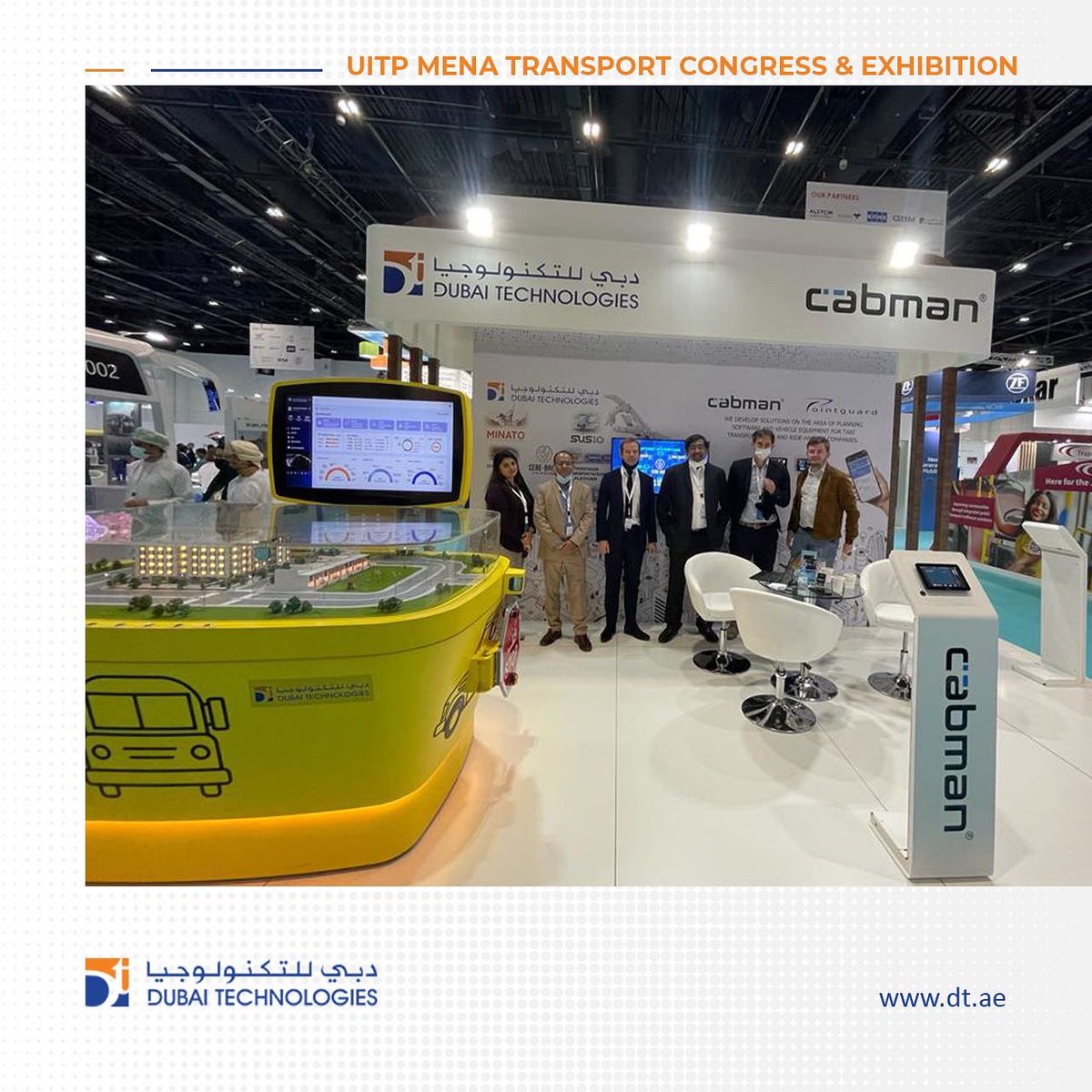 DubaiTech1994's tweet photo. Captured: Dubai Technologies’ team with their Technology partners – Hanover and Cabman, during the @UITPMENA Transport Congress &amp; Exhibition. 

#DubaiTechnologies #DT #Hanover #Cabman #ITS #AI #UITP #MENA #RTA #PublicTransport #TransportCongress #Exhibition #DWTC #ZabeelHall https://t.co/lGVd7gwJ5R