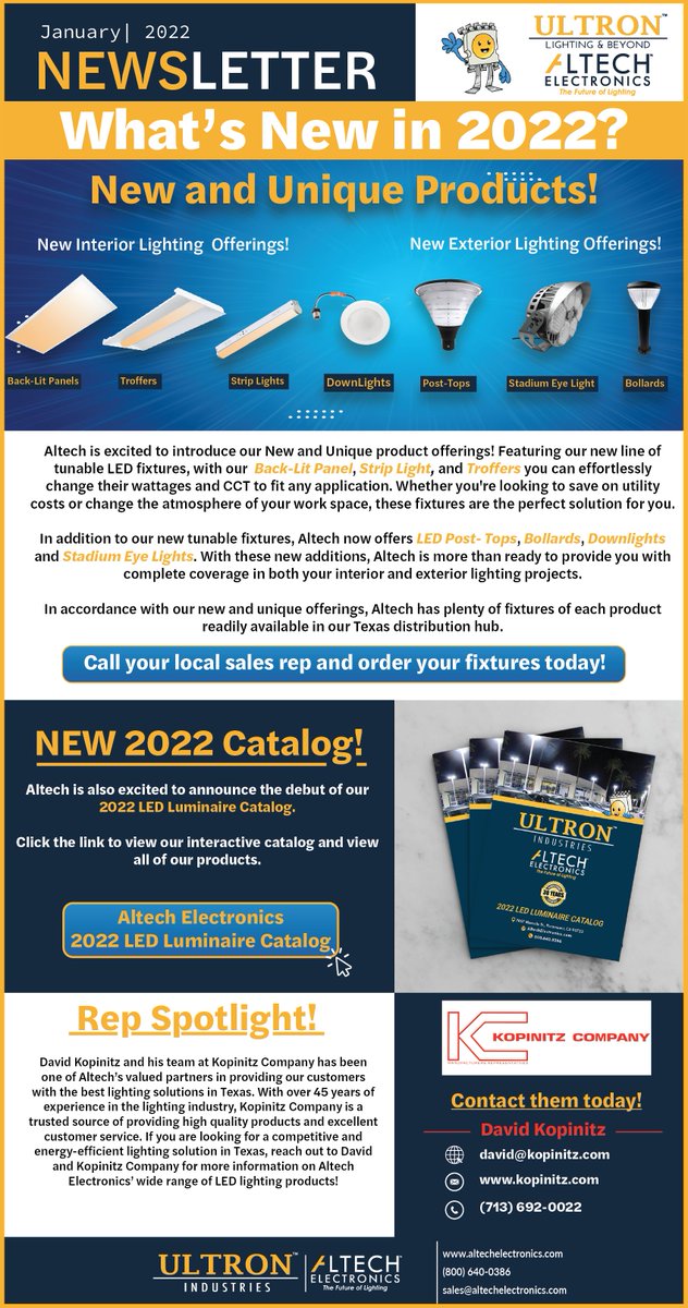 AltechElctrnics's tweet image. Altech&apos;s January 2022 Newsletter is here! Read all about our New and Unique product offerings, our new interactive 2022 Luminaire catalog and our rep Kopinitz Co. and more!

#newsletter #altechelectronics #LEDlighting #ledlights #ledlightingsolutions