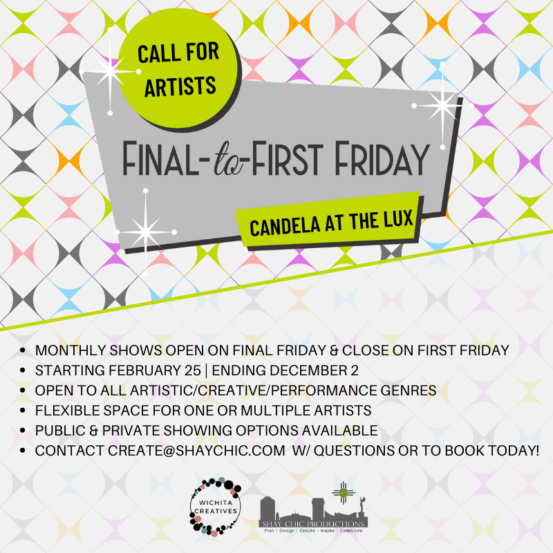 ShayChicCrew's tweet photo. CALL FOR ARTISTS: Final-to-First Friday at Candela. Starting 2-25 Through 12-2 2 we will have Final AND First Friday shows w/ a twist. Shows will open on Final Friday &amp; close on First Friday. This week-long opportunity is open to all artistic-creative-performance genres. https://t.co/IgU43zBPUR