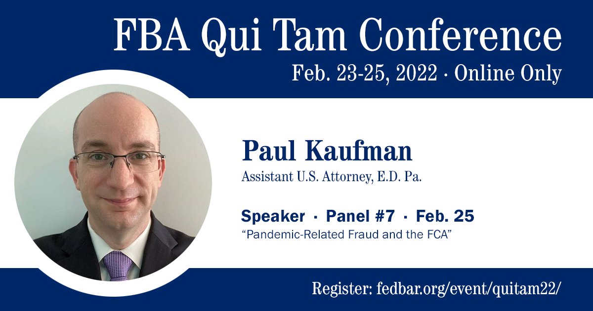TELGlawyers's tweet photo. It wouldn't be #QuiTam22 if there wasn't a panel on "Pandemic-Related Fraud and the FCA." Among other things, the panel will discuss developments, challenges, and misconceptions relating to #FCA enforcement in this emerging area. REGISTER: https://t.co/u4jdhjLUQC https://t.co/TTBa4P1Rlg
