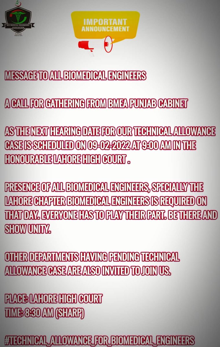 bmea_punjab's tweet photo. All the Biomedical Engineers are requested to join us on the hearing day.

#Technical_Allowance_For_Biomedical_Engineers https://t.co/CMV7WwaPwt