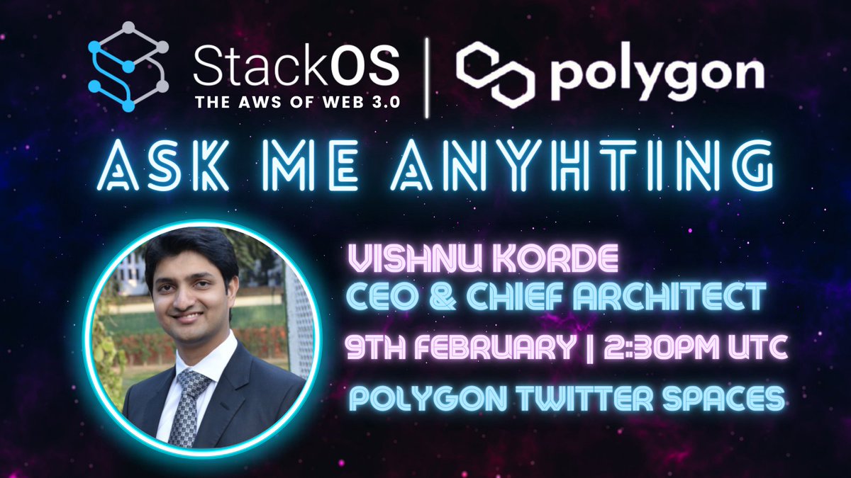 .<a href="/0xPolygon/">Polygon | POL</a> is hosting <a href="/VishnuKorde/">Vishnu Korde</a> for a Twitter Spaces session! 🚀

A great opportunity for the Polygon community to learn more about StackOS' unstoppable cloud and our innovative #NodeNFT Program 🔥

✅ 9th February, 2:30 PM UTC

Join the space here: 
x.com/i/spaces/1djGX…
