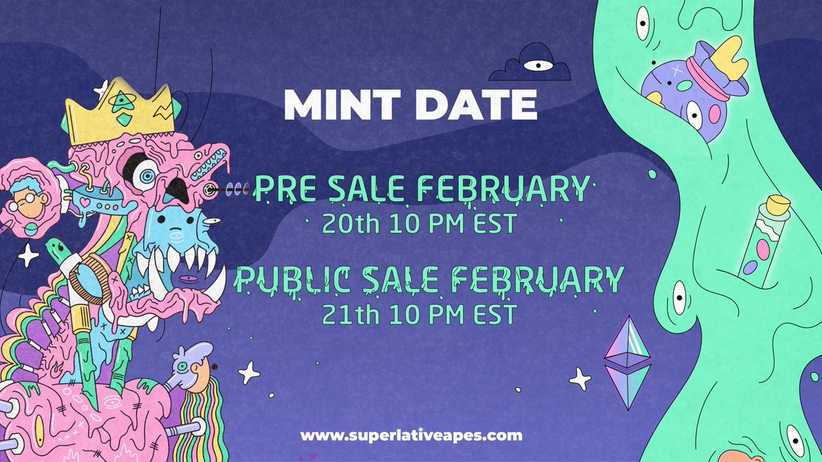 As you know, I took on concept work &amp; produced the rare 1/1 pieces for the @SuperlativeApes #MUTANTSLAPES release minting Feb 21/22.

If you're wanting in, I can grant you a WL spot. In fact, I can grant 40 WL spots

To Enter:
Follow @SuperlativeApes &amp; myself.
❤️ &amp; RT
Tag 3 pals
