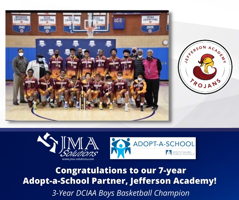 JMA_Solutions's tweet photo. @JMA_Solutions congratulates our 7-year @DCPSPartners, Jefferson Academy (@JATrojans), for their victorious win at the 2022 @DCIAASports Middle School Basketball Championship for the third year in a row!

#JMASolutions #DCPSRising https://t.co/M1m3aEEmj9