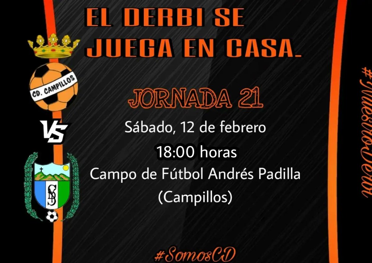 𝐄𝐋 𝐃𝐄𝐑𝐁𝐈 𝐒𝐄 𝐉𝐔𝐄𝐆𝐀 𝐄𝐍 𝐂𝐀𝐒𝐀.

Este sábado tienes cita en el Andrés Padilla para disfrutar del partido en el que el CD Campillos y el <a href="/ACD_SdY/">ACD Sierra de Yeguas</a> disputaremos #𝑵𝒖𝒆𝒔𝒕𝒓𝒐𝑫𝒆𝒓𝒃𝒊

¡𝗡𝗢𝗦 𝗚𝗨𝗦𝗧𝗔 𝗘𝗟 𝗙Ú𝗧𝗕𝗢𝗟!

#𝑺𝒐𝒎𝒐𝒔𝑪𝑫