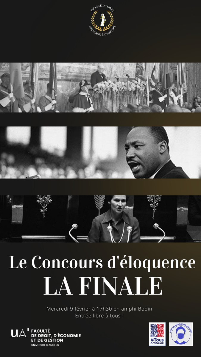 bdedroitangers's tweet photo. Rendez-vous mercredi 9 février à partir de 17h30 en amphi Bodin pour la Grande finale du concours d'éloquence.

A la fin il n'y aura qu'un seul champion !

@Fac_DEG_Angers @UnivAngers @BUAngers https://t.co/fSPUFyTFQc