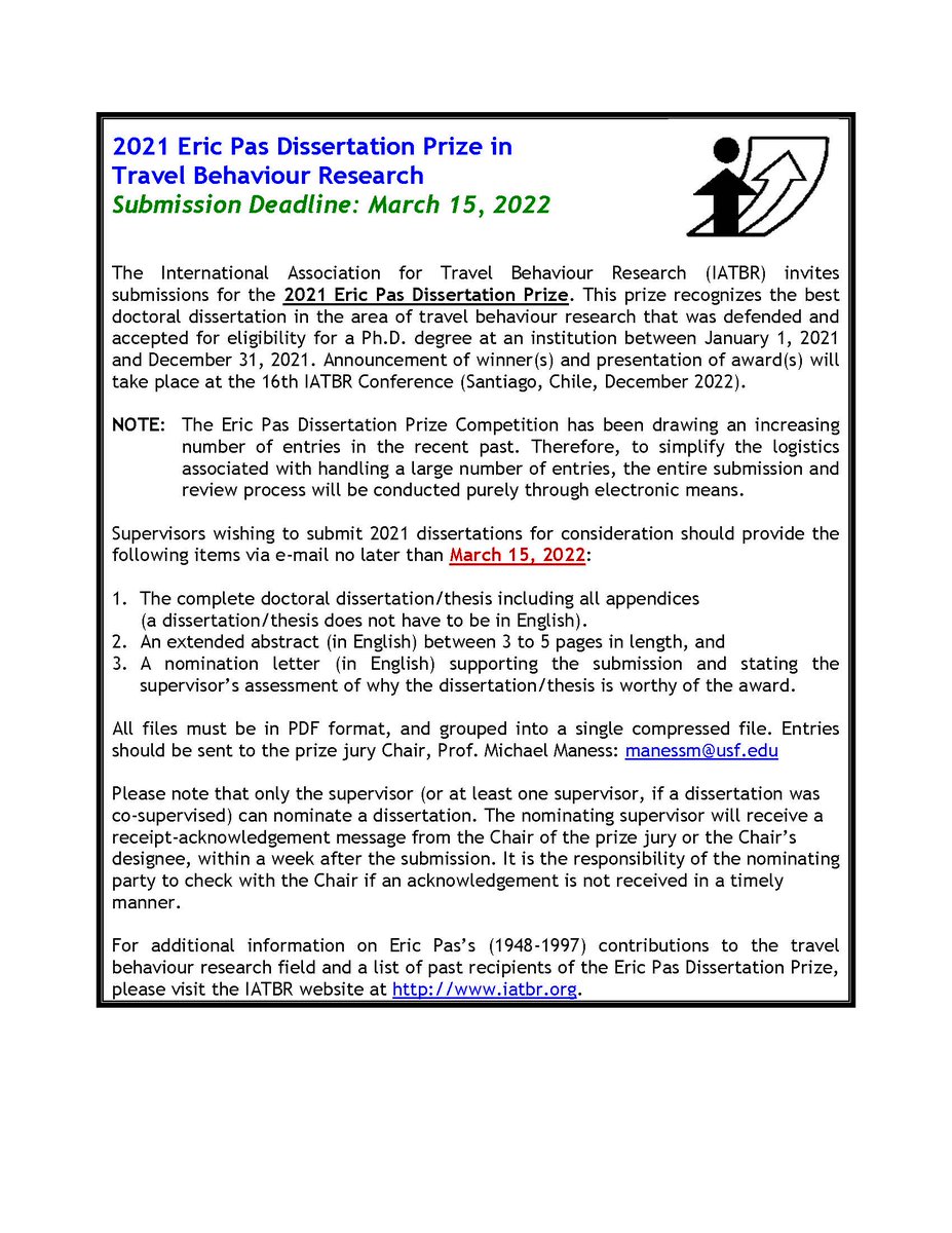 IATBR1's tweet photo. 2021 Eric Pas Dissertation Prize in Travel Behaviour Research Submission Invitation https://t.co/mBS3WSLSwW