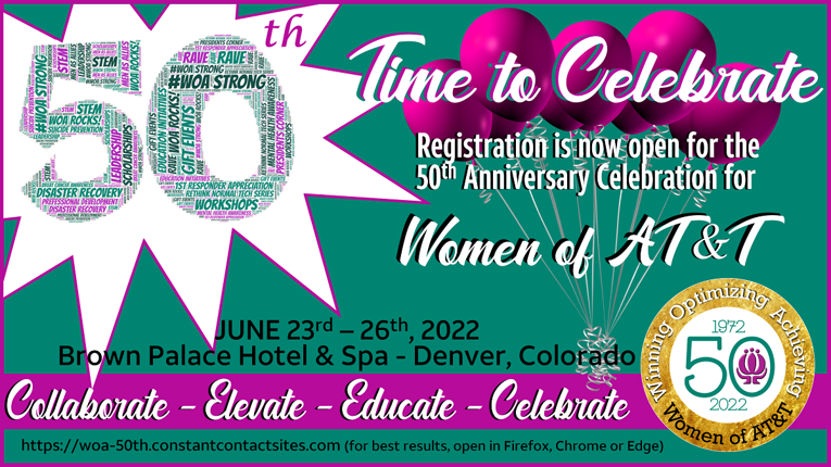 It's Time! Register TODAY for Our 50th Anniversary Celebration!  We can't wait to celebrate with you!  Early-Bird rate is available NOW until March 7th.  
Don't delay - register today!
Click Here: woa-50th.constantcontactsites.com
💜 #womenofatt #WOAturns50 #WOAStrong
