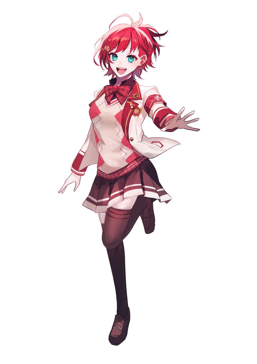 1girl solo thighhighs red hair skirt jacket smile  illustration images
