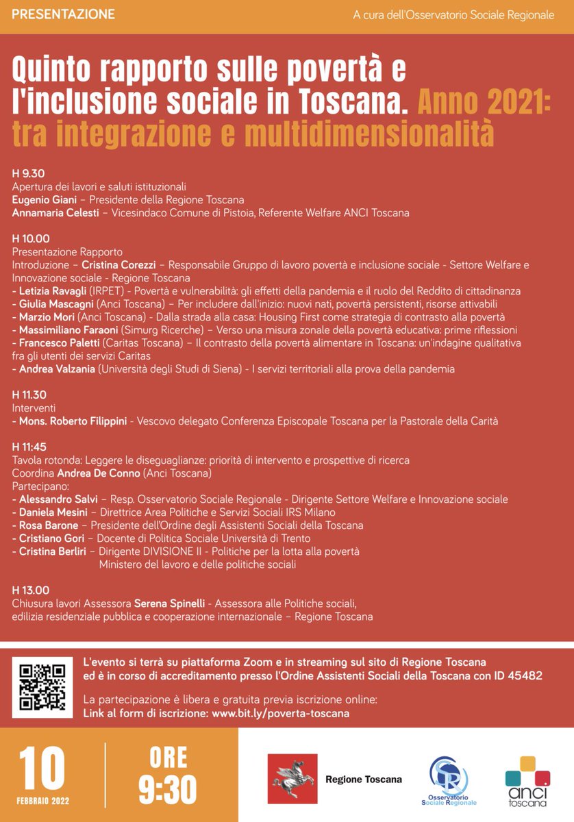 Giovedì 10 febbraio 2022 presentazione di “Le Povertà in Toscana”, il quinto rapporto su #povertà e #inclusionesociale à cura dell’Osservatorio Sociale Regionale.