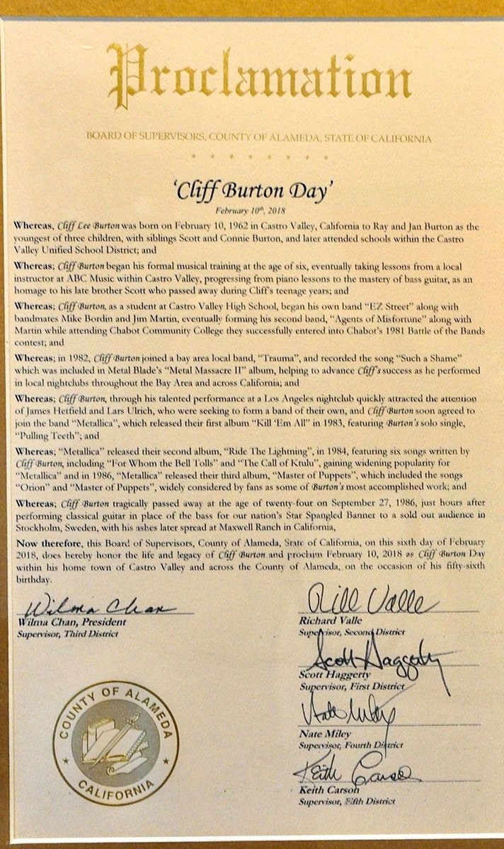BookOfMetallicA's tweet photo. February 7th, 2018: The Board of Supervisors from Alameda County has proclaimed 10th of February as “Cliff Burton Day”! 

#Metallica 👊🏻💀👊🏻 https://t.co/yeIY3Q8VKP