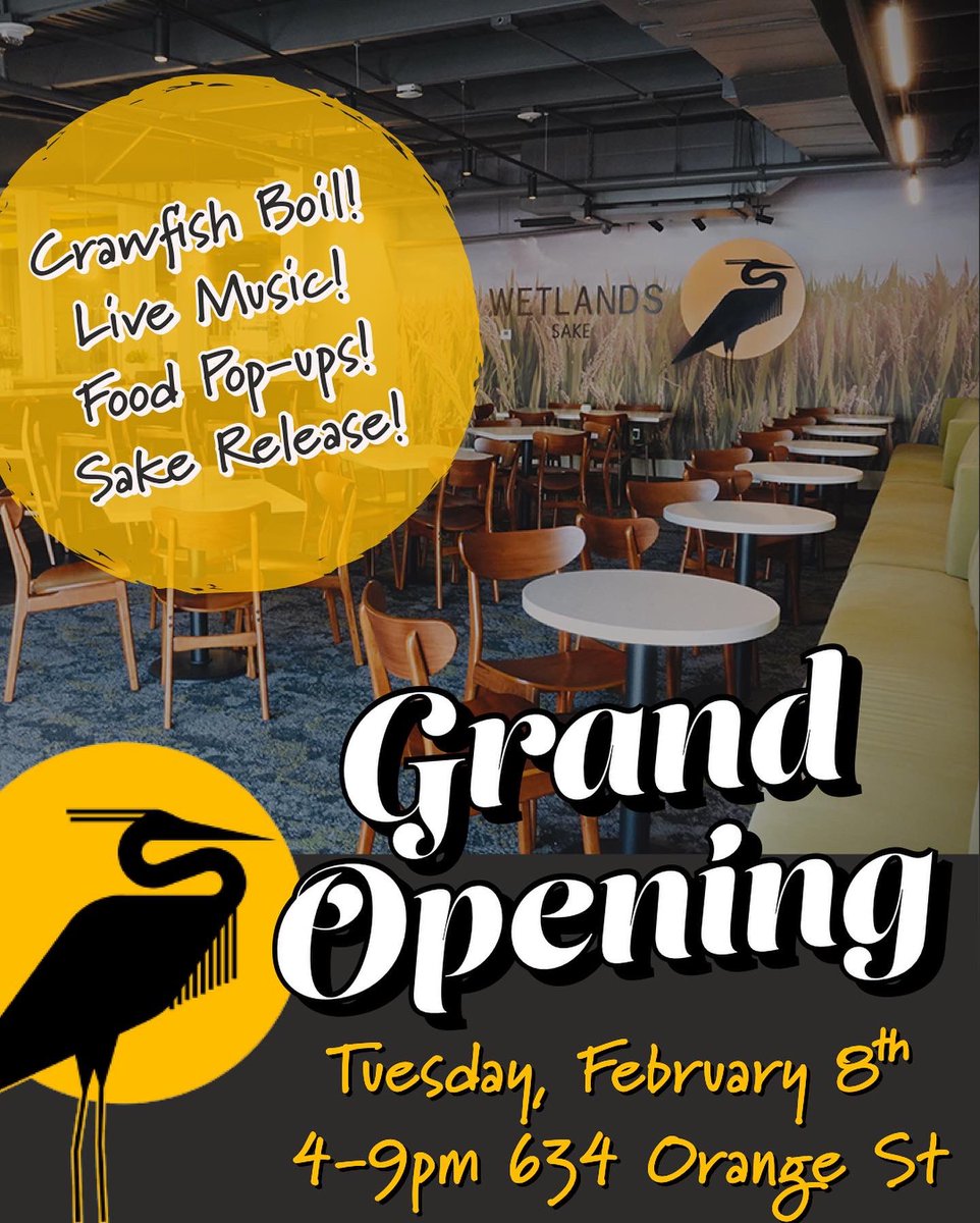 𝗚𝗿𝗮𝗻𝗱 𝗢𝗽𝗲𝗻𝗶𝗻𝗴 𝗜𝗻𝗳𝗼!!
Tuesday, 2/8 Open 4-9pm
FOOD
🦞Crawfish from 4pm til 
🍗Campfryer Pop-up 4-7pm
🍔Commissary Pop-up 4-8:30pm

LIVE MUSIC
🎺Soul Brass Band 6-8pm

SAKE RELEASE
👑King Cake Sake!