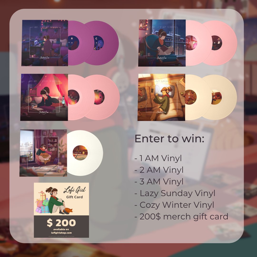 Lofi Girl (@lofigirl) on Twitter photo 🎁 Giveaway announcement 🎁
→lofigirl.com/pages/giveaway
To celebrate 10 million subs, I'm launching a three-part giveaway that anyone can participate in!
For tier 1, I'll be giving away 10x limited-edition vinyl collection and $200 <a href="/lofigirlshop/">Lofi Girl Shop</a> gift cards to 10 lucky winners! 💌 🎁 Giveaway announcement 🎁
→lofigirl.com/pages/giveaway
To celebrate 10 million subs, I'm launching a three-part giveaway that anyone can participate in!
For tier 1, I'll be giving away 10x limited-edition vinyl collection and $200 <a href="/lofigirlshop/">Lofi Girl Shop</a> gift cards to 10 lucky winners! 💌