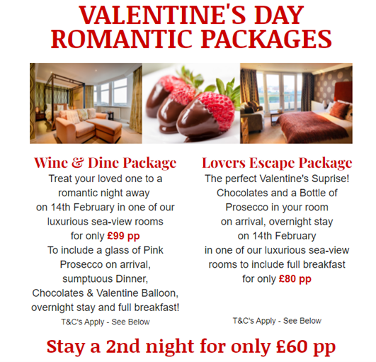 Last few rooms left! Treat your loved one this Valentines day! 

Best available rooms are given on a first come first serve basis. Lovers Escape package excludes four-poster rooms. Prices based on min 2 persons sharing. Only available through direct bookings via email and phone