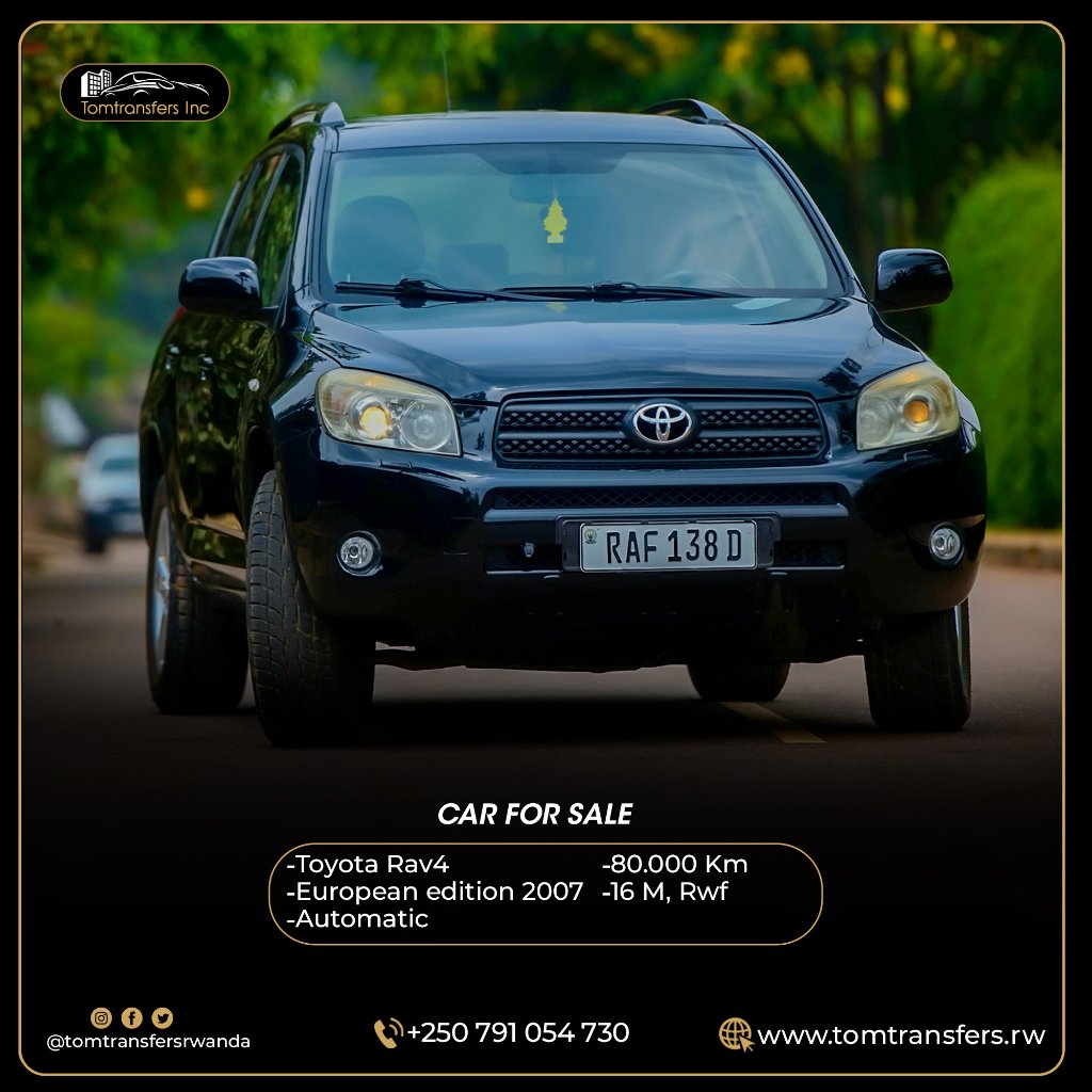 TomtransfersRda's tweet photo. Toyota Rav4, 2007
European edition
Automatic
80.000 Km
price:16 M, Rwf #RwOT  #business #Rwanda https://t.co/7zFa5jFPG4