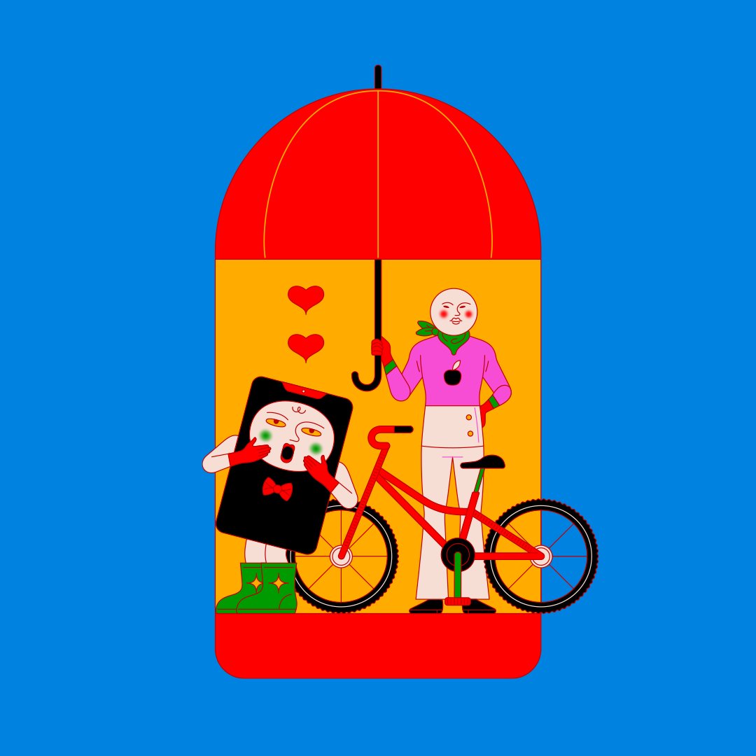 Ilustras que fiz pra <a href="/peqempresas/">poc-broken-link!</a> desse mês, sobre fintechs, seguros de bike e celulares 💖 🌸