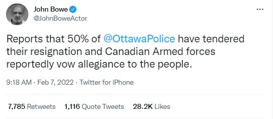 This viral stuff is fiction.

Ottawa police say there have been 0 resignations.

The Canadian military hasn't made any dramatic statements.

The 50%-of-Ottawa-cops-quit claim came from a Facebook stream last night by convoy man Pat King, who has a history of ridiculous claims.