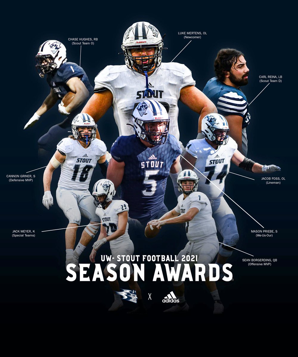 UWStoutFootball's tweet image. 2021 Season Awards:

WE-US-OUR: @PriebeMason 
O-MVP: @BorgerdingSean 
D-MVP: @Griner_18 
Lineman: @jacob_foss1 
Newcomer: Luke Mertens 
Special Teams: @Jack_Meyer2 
Scout O: Chase Hughes 
Scout D: @CarlReina5 

#BleedBlue | 🔵⚪️ | T.P.C