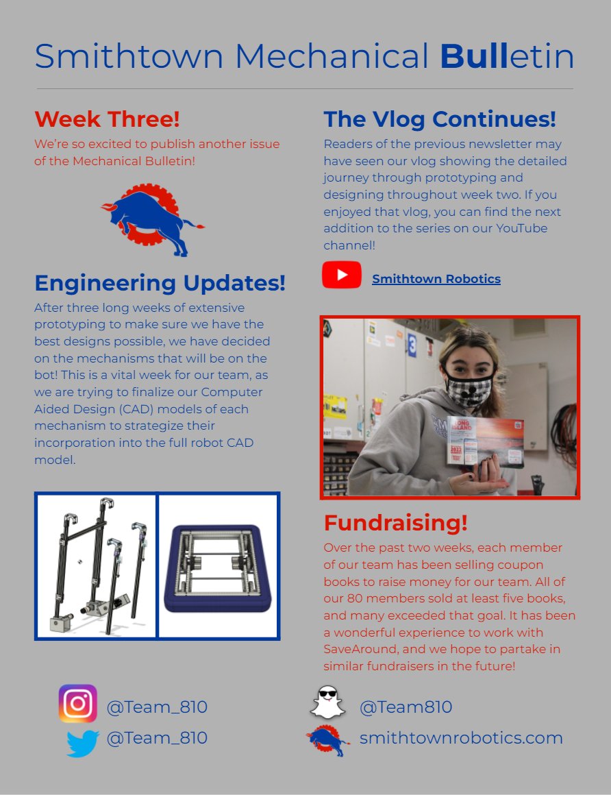 Our build season has been very exciting so far! This year we decided to create weekly newsletters. Here are the first three to our series! Be sure to check out week 4 on our team's instagram @Team_810