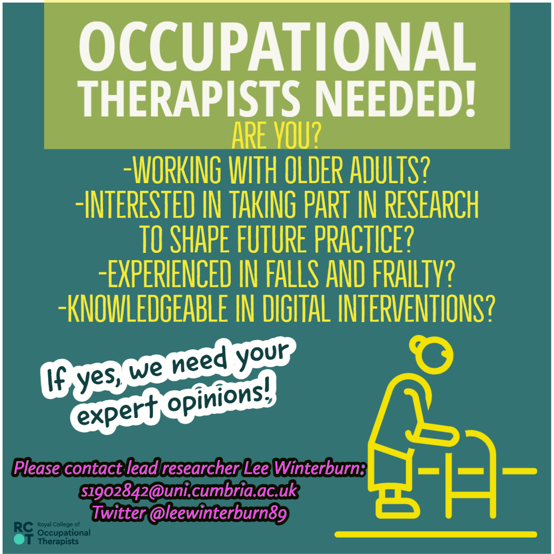 We Need You! OTs please give us your expertise and knowledge in falls/frailty and experience in digital interventions for a focus group via MS teams, the closing date is the 21/02/22, DM for details and help shape the future of OT with us! #RCOT #falls #frailty #digitalhealth