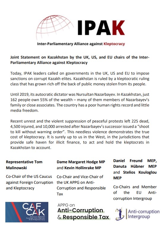International Parliamentarians from @kleptocaucus <a href="/taxinparliament/">APPG on Anti-Corruption & Responsible Tax</a> &amp; #EUParliament Anti-Corruption Intergroup call for sanctions on corrupt Kazakh officials