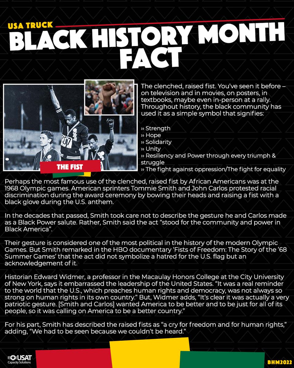 usatruckrecruit's tweet photo. For today's #BHMFact we highlight meaning and symbolism of The Fist.

Throughout history, the black community has used it as a simple symbol that signifies:
›› Strength
›› Hope
›› Unity
›› The fight against oppression/The fight for equality
 
https://t.co/f4p4WdVCjP https://t.co/Q5wfitjt8H
