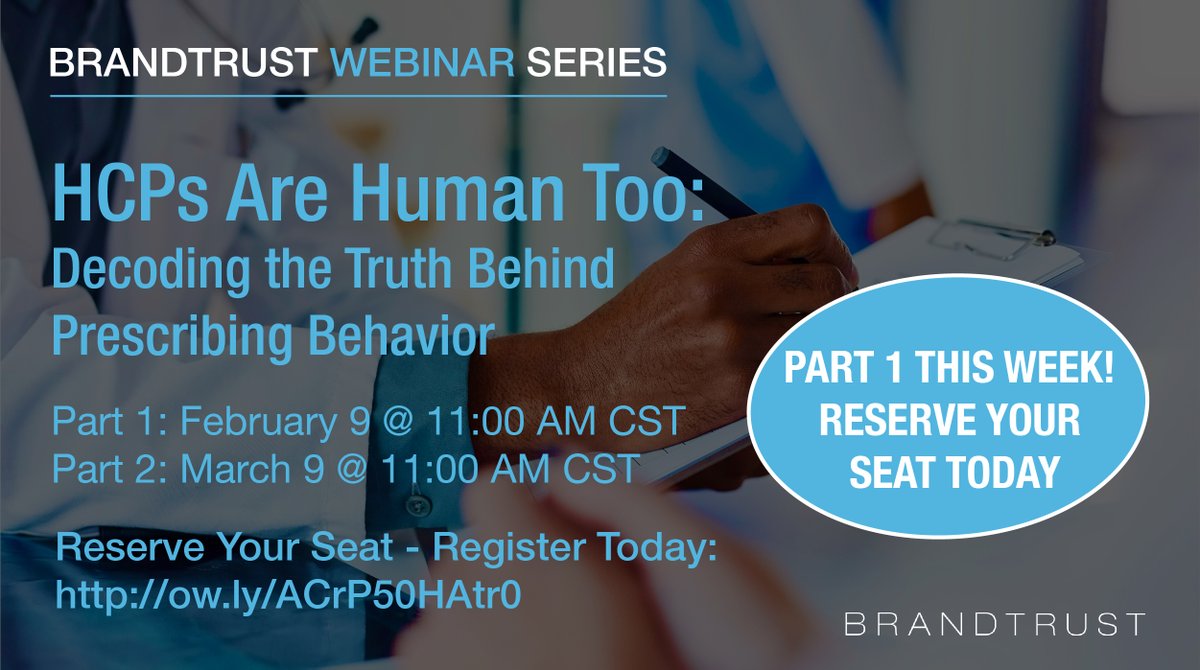 Brandtrust's tweet photo. Register for Wednesday’s webinar HCPs Are Human Too: Decoding the Truth Behind Prescribing Behavior. We'll explore factors limiting HCP’s ability to be objective when making decisions &amp; how to develop empathy for the complexity HCPs are making decisions. https://t.co/OFM5PonKvP https://t.co/AotEcQuCoC