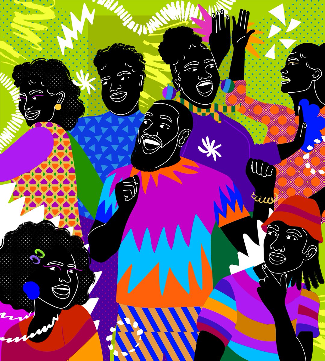 A colorful illustration of Black men and women dancing.