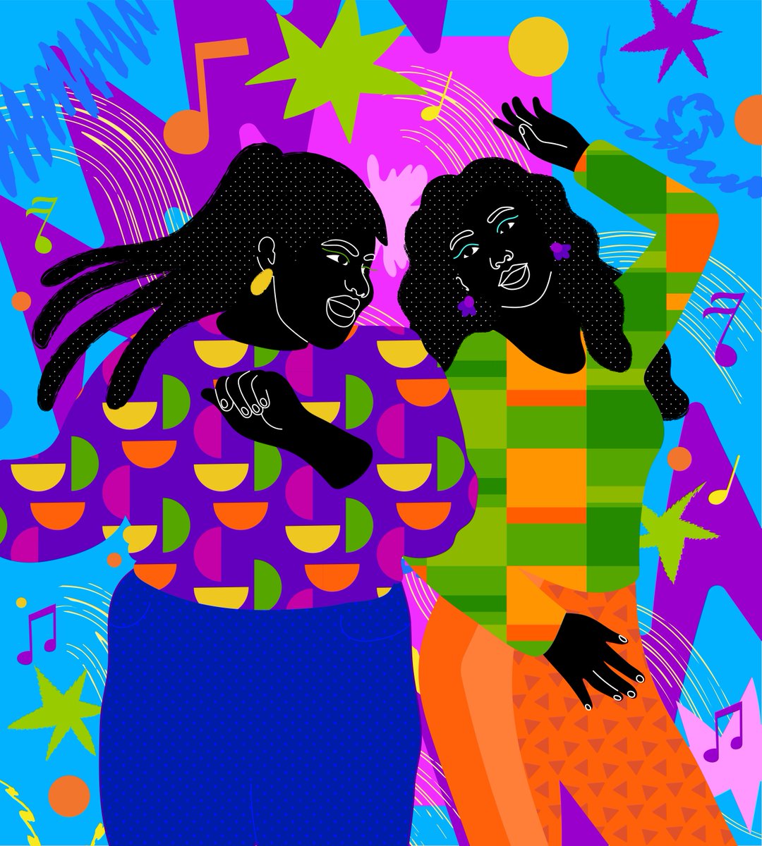 A colorful illustration of two Black women dancing.