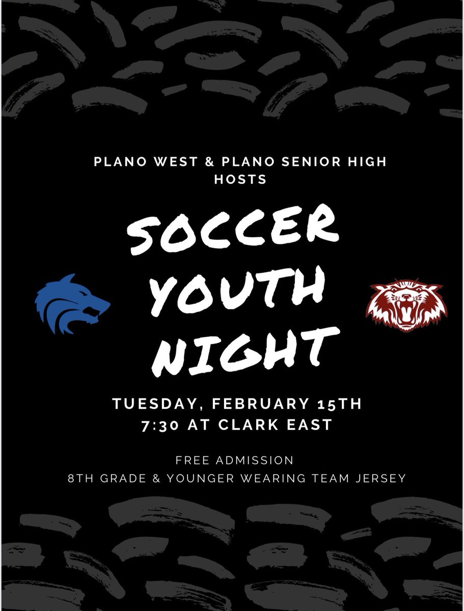 PWLWsoccer's tweet photo. π¨π¨ YOUTH NIGHT!!! π¨π¨ Come out to support your Plano soccer teams!
@PWLWsoccer π @Plano_Wildcats
WHEN: Tuesday, Feb 15th
π: 7οΈβ£3οΈβ£0οΈβ£ PM
π: Clark (EAST Stadium)
FREE ADMISSION: For those wearing team jerseys (8th grade and below). #Westwolves #pisd @PlanoISDAthDept https://t.co/hiZFPmlTfK