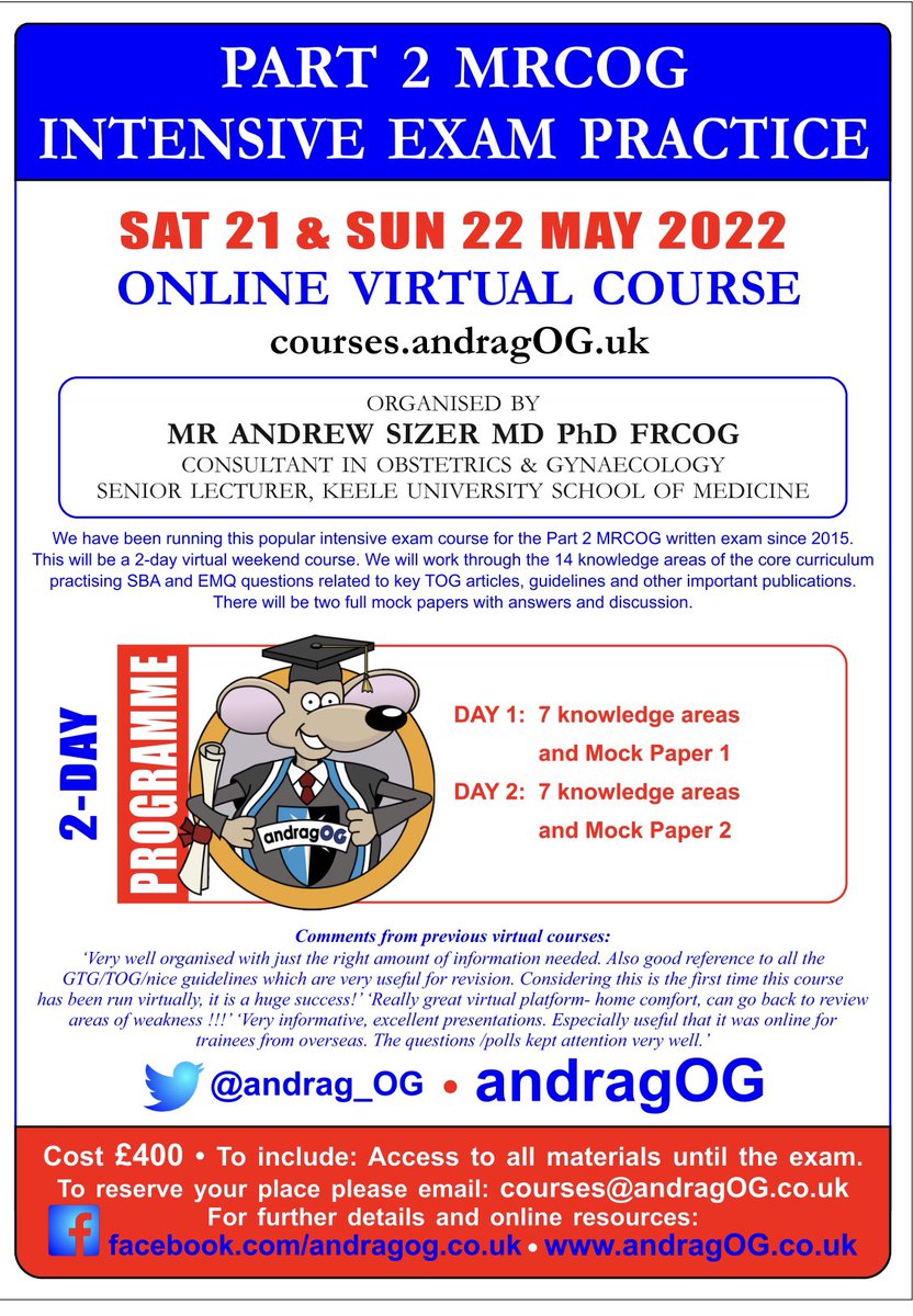 andragOG (@andrag_og) on Twitter photo The next virtual Part 2 MRCOG course will take place on 21 & 22 May 2022. Email courses@andragOG.co.uk if you wish to book a place The next virtual Part 2 MRCOG course will take place on 21 & 22 May 2022. Email courses@andragOG.co.uk if you wish to book a place