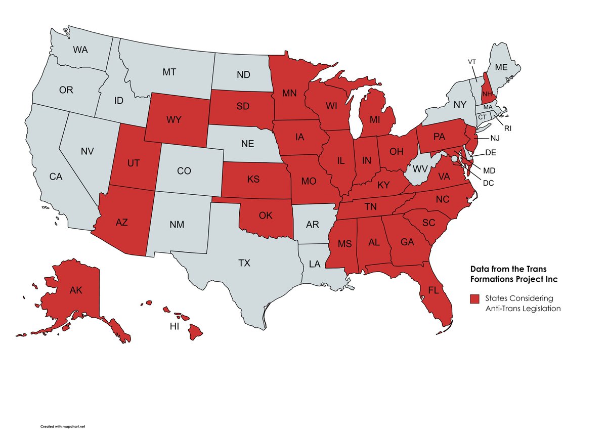 Twenty-nine states are currently considering anti-trans legislation in the United States. YOU can go to transformationsproject.org to learn more about bills in your state and contact your representatives to stop them and to #StepUpForTransKids. Read on to learn more. 🧵