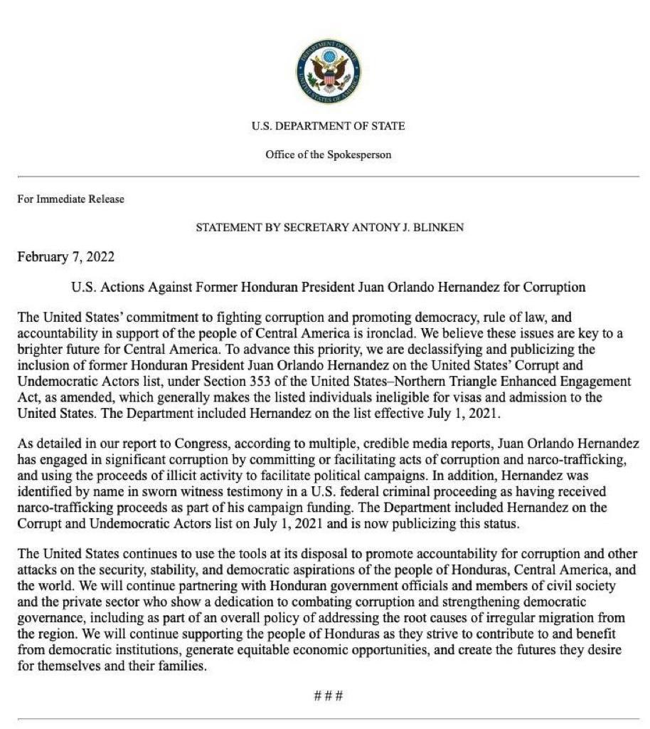 #BREAKING ¡ÚLTIMA HORA! El gobierno de Estados Unidos a través de <a href="/SecBlinken/">Secretary Antony Blinken</a> anuncia al mundo la revocación de la visa por corrupción del expresidente de Honduras Juan Orlando Hernández.