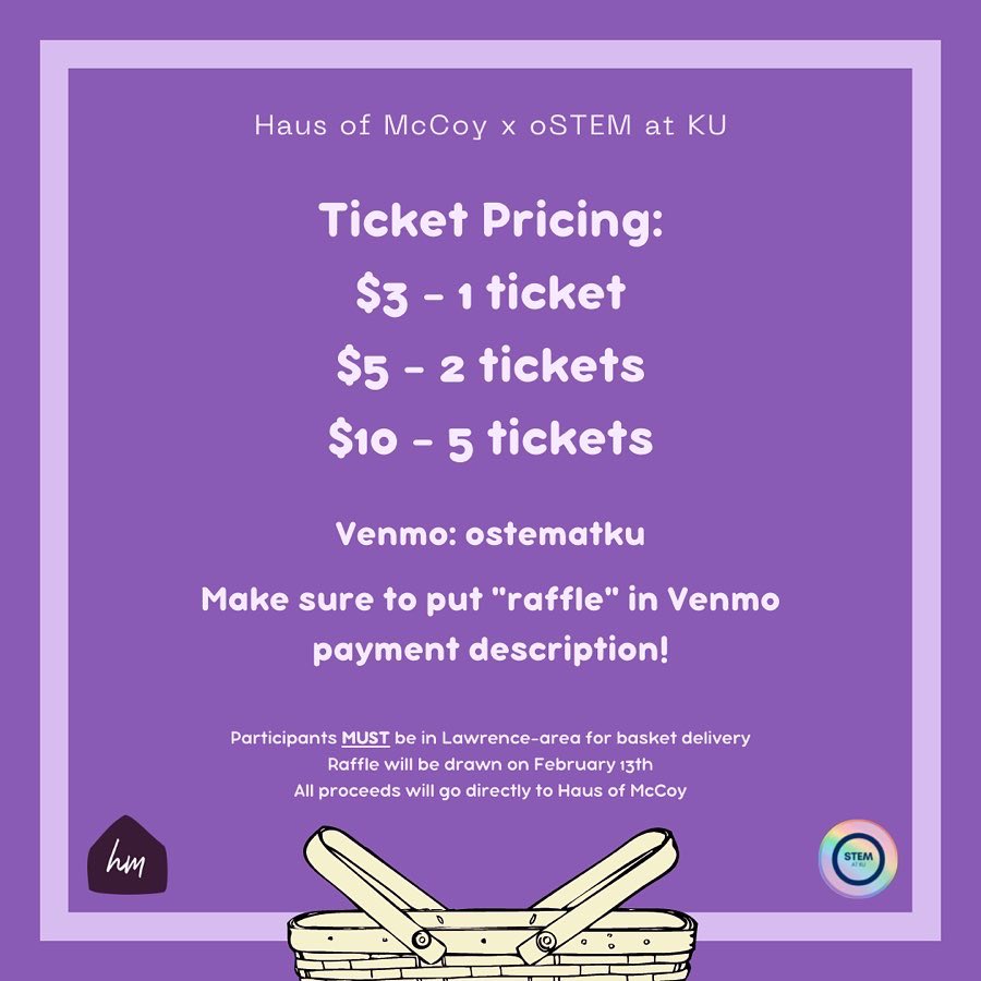 oSTEMatKU's tweet photo. Date Night Basket Raffle! 
$3 - 1 ticket 
$5 - 2 tickets 
$10 - 5 tickets 
All proceeds will go to Haus of McCoy (@hausofmccoy)
Drawing done on February 13th, 9 PM
Must be in Lawrence-area to win! https://t.co/IaxWroCXLy