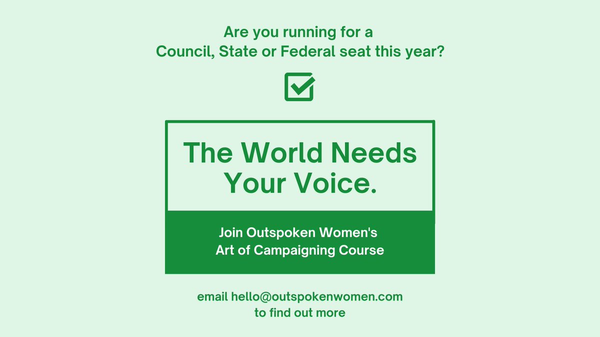 OutspokenWomen2's tweet photo. We all know Australians want more women in politics, but stepping up to do the job is not easy. It’s ok, Outspoken Women have got you. To find out about our Art of Campaigning course email hello@outspokenwomen.com for details. https://t.co/IYV7RhVYwy