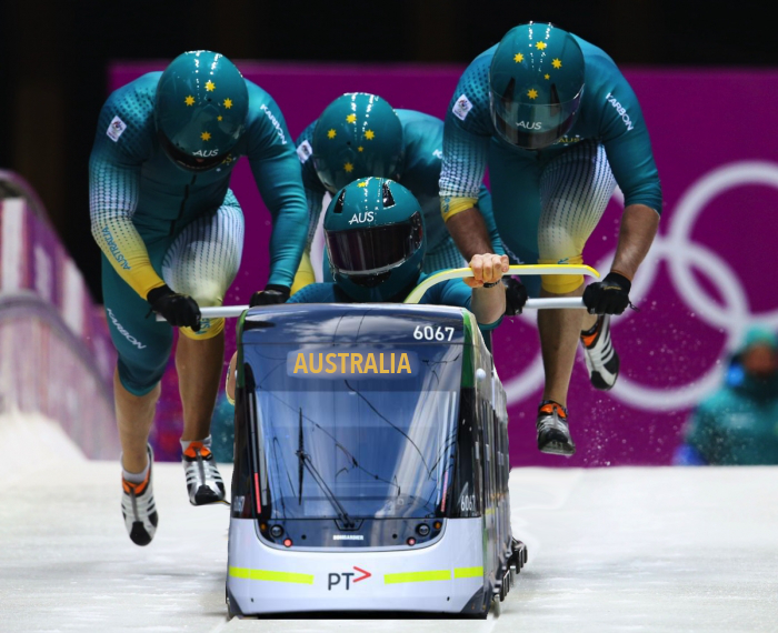 A shout out to the whole Winter Olympic team, particularly the Australian bobsledders, who are using a some say controversial, but awesome design. We just hope they touch on their Mykis before completing the course. #YarraTrams