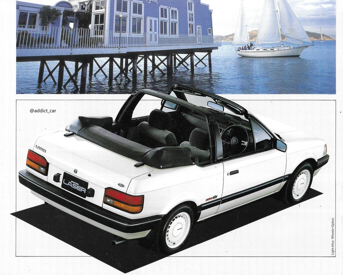 addict_car's tweet photo. Probably the rarest version of the Asia-Pacific region's Ford Laser was this 1600 cabriolet model, based on the car's second generation, and shown in this 1987 Japanese brochure. It shared most of its bodywork with the also-rare Mazda Familia (323) convertible. #carbrochure #Ford https://t.co/7J1m0YKsPN