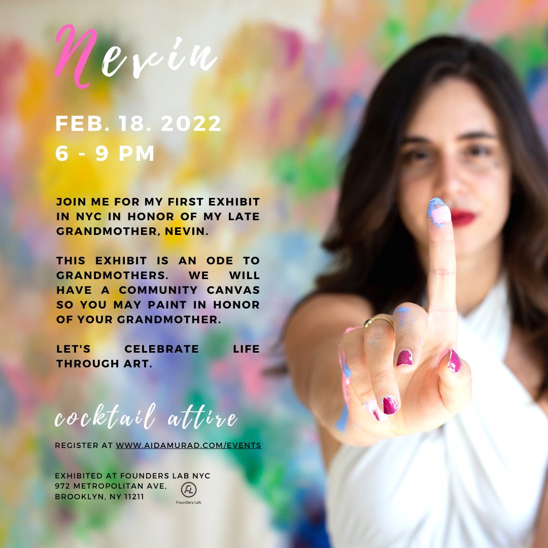 NYC FRIENDS!

JOIN ME FOR MY FIRST EXHIBIT IN NYC dedicated to my late grandmother and in honor of grandmothers of the world.

Come, see art, give me a hug, and share your story of your grandmother through art 

RSVP here aidamurad.com/events/2022/2/… #nycart #nycevents #art