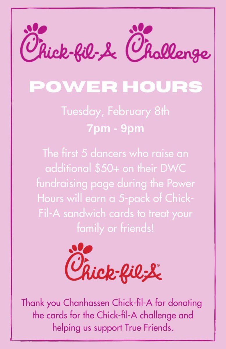 DanceWCourage's tweet photo. Chick-Fil-A power hours!! Tomorrow night is huge night!! Start emailing, facebooking, instagramming, whatever you do, ask for those donations!! We’ve got this! https://t.co/pBrhZZ7dfO