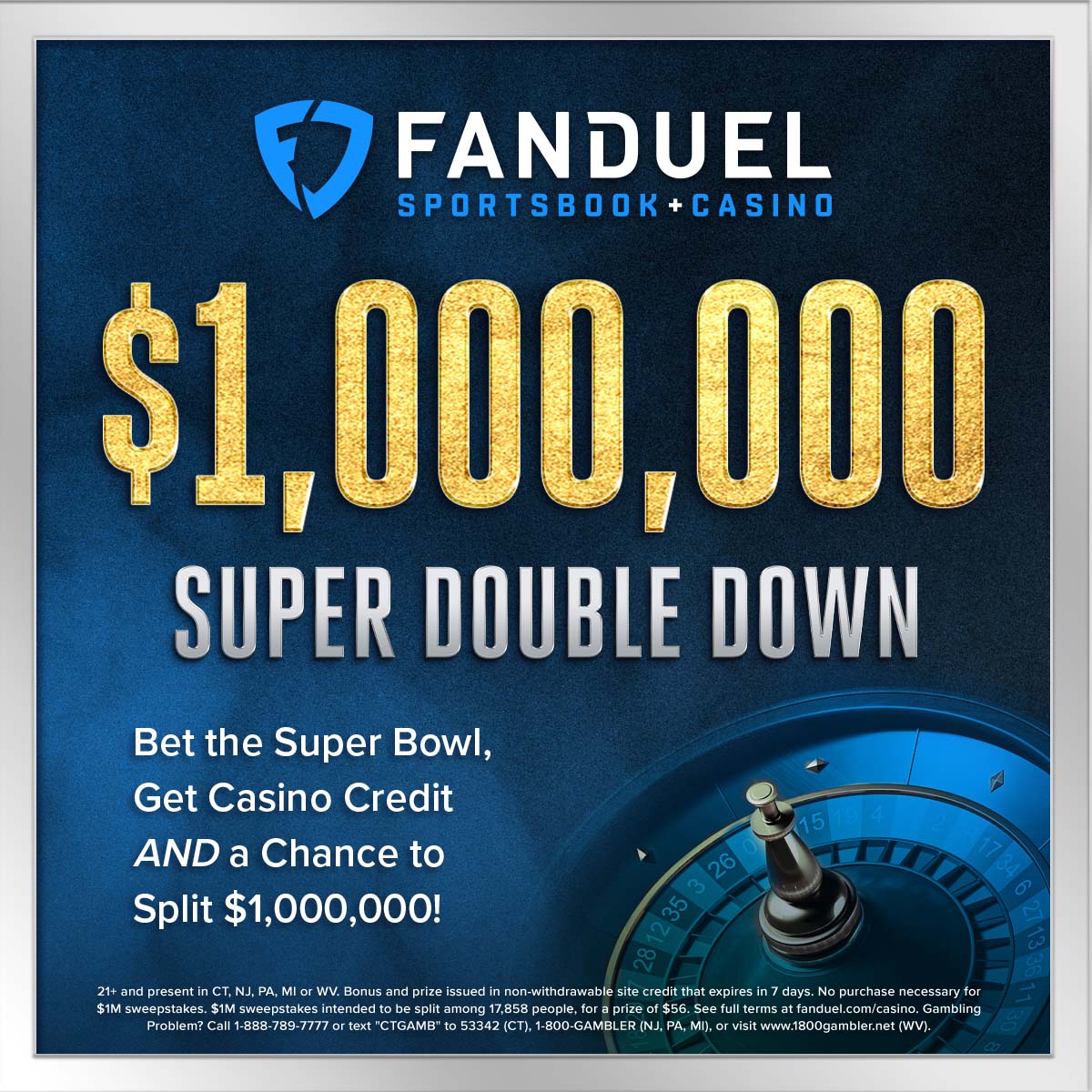 FanDuelCasino's tweet photo. 💰 Super Double Down 💰

Bet $5 on the #SuperBowl at @FDSportsbook to get a $5 Casino credit AND a chance to split $1,000,000! https://t.co/vHJ4n59sHD