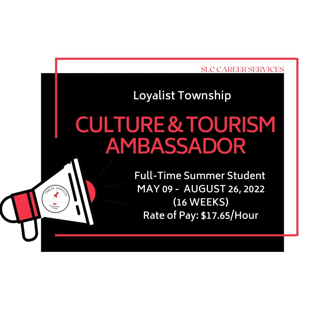 SLC Career Services (@slccareer) on Twitter photo Summer Student Position (Culture & Tourism Ambassador) available within <a href="/LOYTWP/">Loyalist Township</a> ! For more information + to apply today, click here: linktr.ee/slccareerservi…
#slccareerservices #slc #hiring #studentjobs #JobSearch #loyalistontario #ygk Summer Student Position (Culture & Tourism Ambassador) available within <a href="/LOYTWP/">Loyalist Township</a> ! For more information + to apply today, click here: linktr.ee/slccareerservi…
#slccareerservices #slc #hiring #studentjobs #JobSearch #loyalistontario #ygk