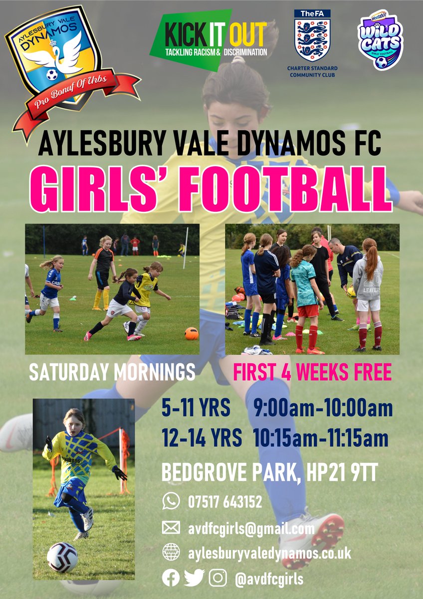 avdfcgirls's tweet photo. Aged 5 to 14 and interested in playing girls’ football? Aylesbury Vale Dynamos offers #WeetabixWildcats girls-only football training on Saturday mornings. First four weeks FREE! All abilities welcome! @AylesNews @bucks_herald @ValeLifeMag @ConnctAylesbury https://t.co/Z1OVtVO15y