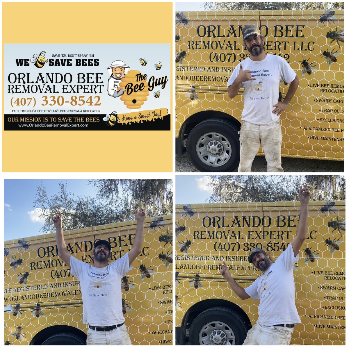 orlandobeeguy's tweet photo. Look! 👀 Nathan is sporting our vintage bee removal  shirt!! 🥰🥰 Not only does he LOVE saving bees 🐝🐝 but he’s super fun to work with too!! 🥳🥳 We think your the bees knees Nathan!! 👏🏻👏🏻🐝🌎💚 https://t.co/D5OJao020W