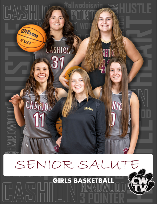 GIRLS BASKETBALL SENIORS 2022
Senior Night Ceremony 6 PM TONIGHT!
Girls Game vs OKARCHE to follow immediately

<a href="/kwakefield31/">Kenzie Wakefield</a> 
<a href="/BrookShelly12/">Brook Shelly</a> 
<a href="/laurenlamb111/">laurenlamb11</a> 
<a href="/bellawoody1/">Bella Woody</a> 
<a href="/_averidavis_/">averi</a> 

CWTV | cashionwildcats.tv
<a href="/bestone/">Brad Stone</a>